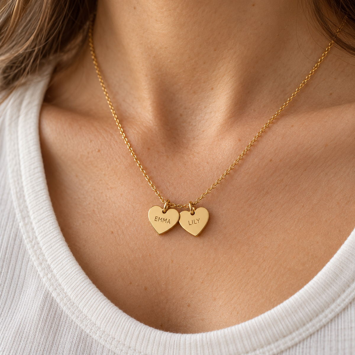 Double Mini Heart Name Necklace — worn styling view; example personalization shown