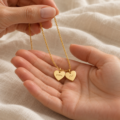 Double Mini Heart Name Necklace — gift styling view; example personalization shown