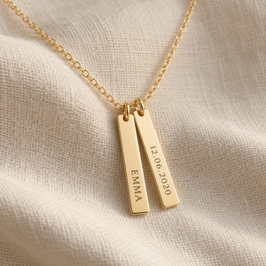 Vertical Name and Date Tag Necklace — design view; example personalization shown
