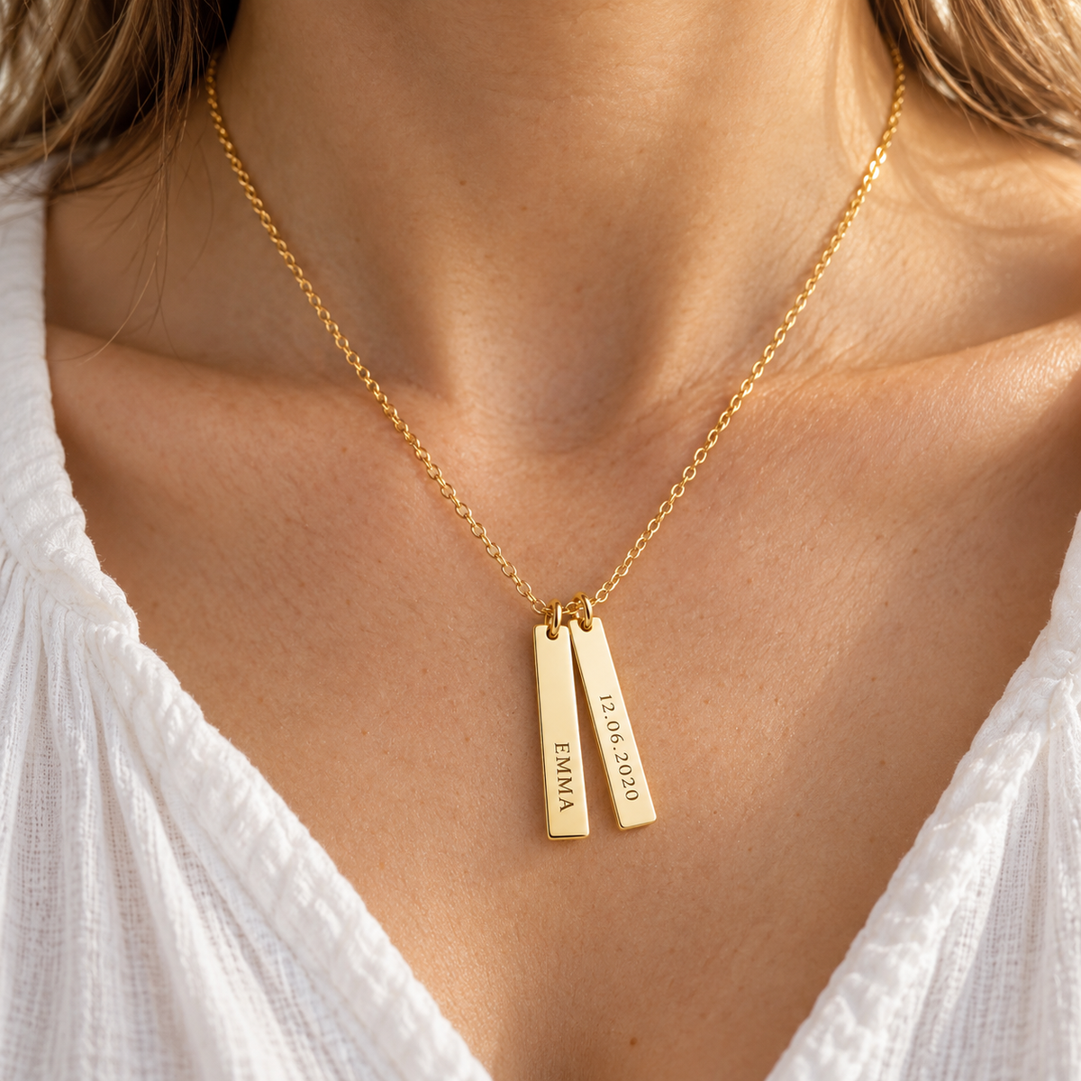 Vertical Name and Date Tag Necklace — worn styling view; example personalization shown