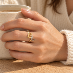 Interlocking Initial Ring — lifestyle styling view; example personalization shown