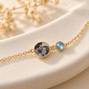 Photo and Birthstone Bracelet — detail view; example personalization shown