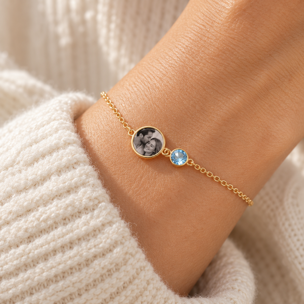 Photo and Birthstone Bracelet — worn styling view; example personalization shown