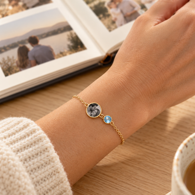 Photo and Birthstone Bracelet — lifestyle styling view; example personalization shown