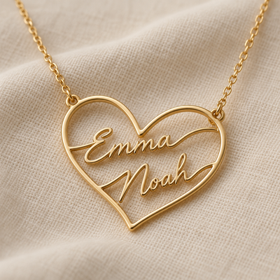 Double Name Open Heart Necklace — design view; example personalization shown