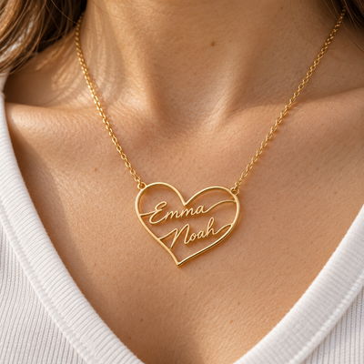 Double Name Open Heart Necklace — worn styling view; example personalization shown