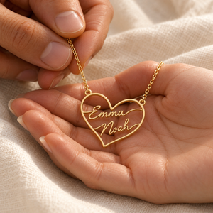 Double Name Open Heart Necklace — gift styling view; example personalization shown