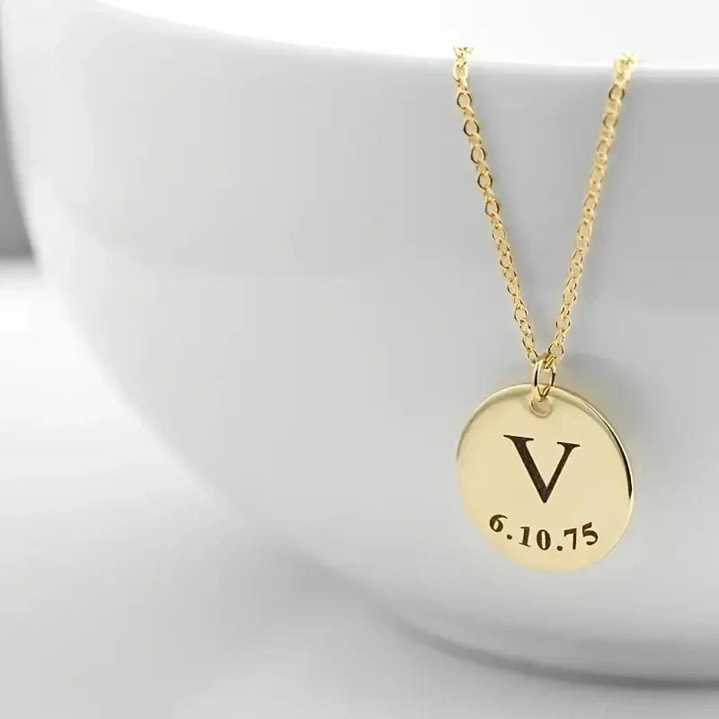 Personalized Initial and Birthdate Engraved Necklace - Mother's Day Gifts