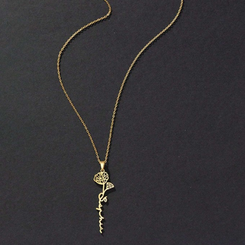 Personalized Engraved Birth Month Flower Necklace with Names - Gifts for Her