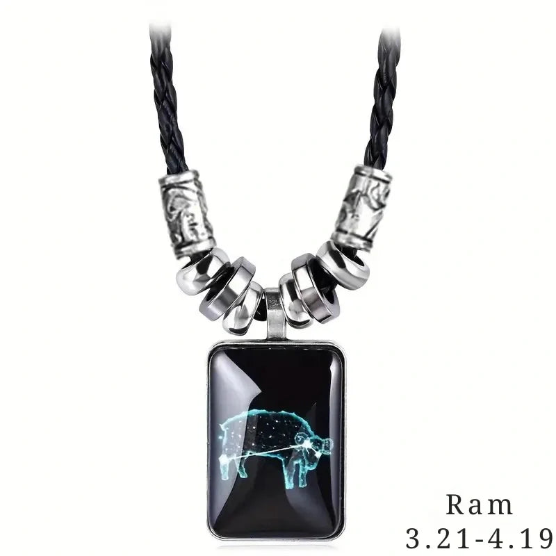 Personalized Black Rope Pendant Necklace with Zodiac Sign - Gifts for Her