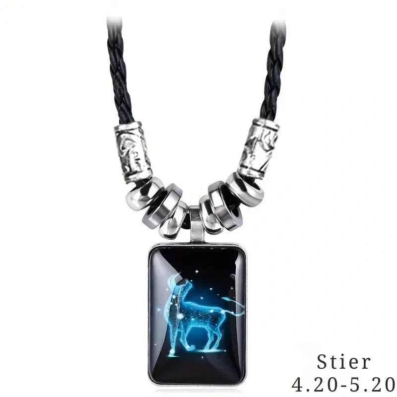 Personalized Black Rope Pendant Necklace with Zodiac Sign - Gifts for Her