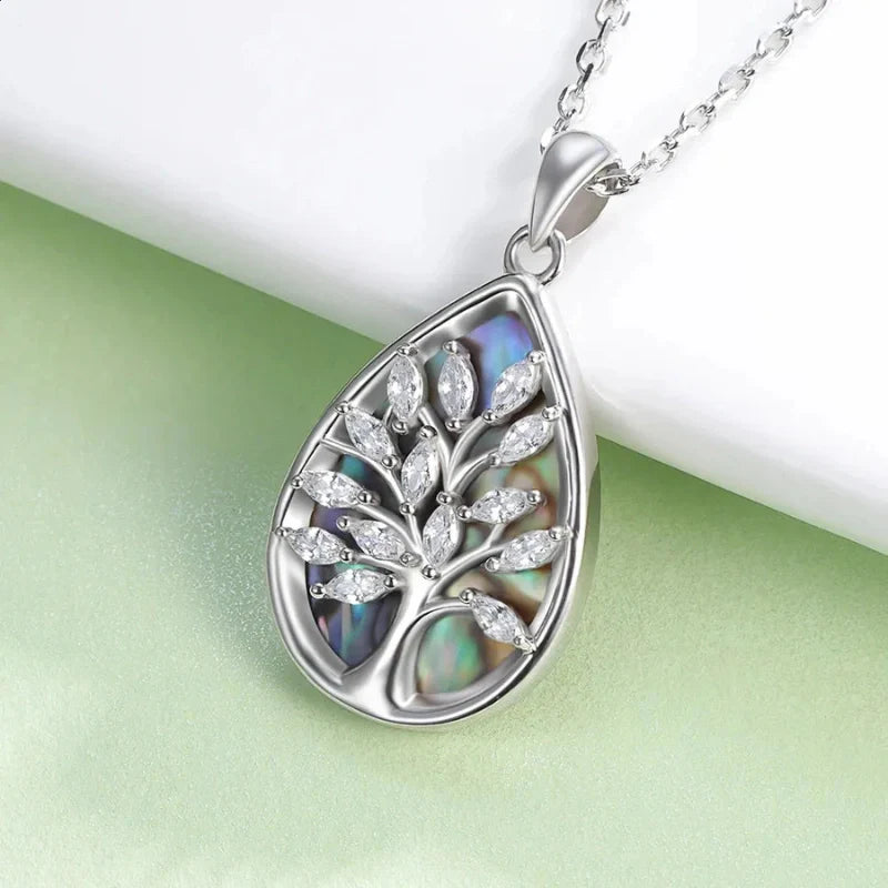 Engraved Tear Abalone Shell Pendant Necklace with Tree of Life - Mother's Day Gifts