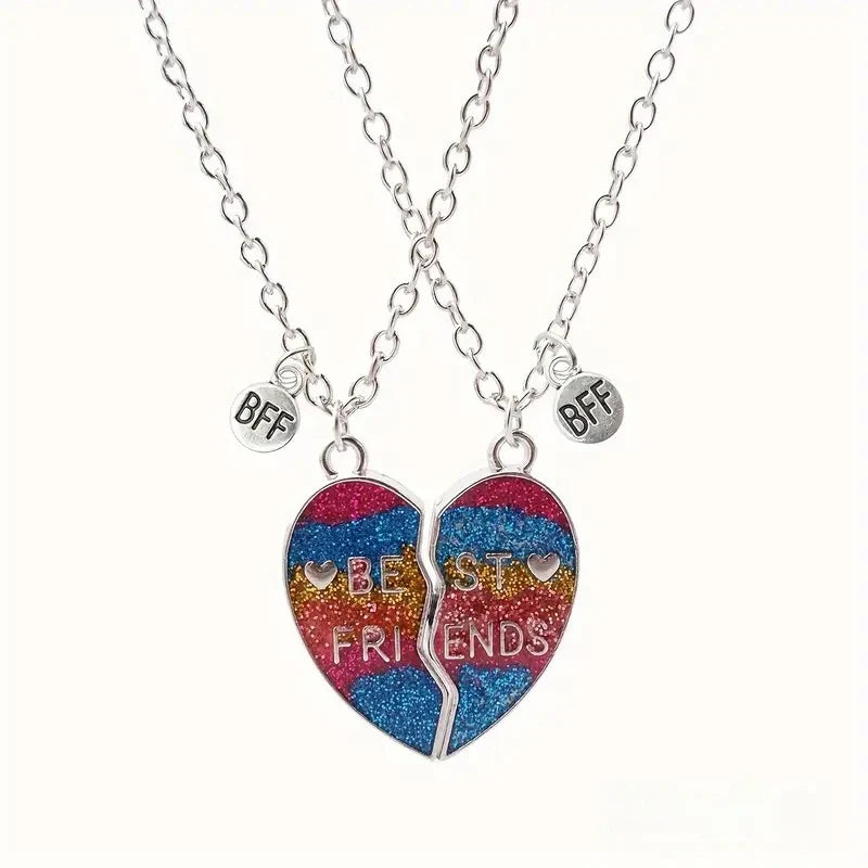 BFFs Heart Pendant Necklaces with Rainbow Glitter - Gifts for Friends