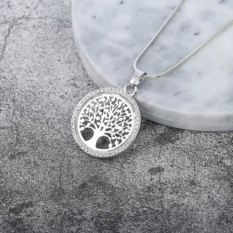 Engraved Crystal Charm Pendant Necklace with Tree of Life - Women's Necklace