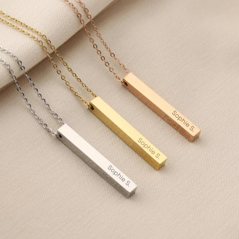 Personalized Long Bar Pendant Engraved Necklace with Names - Gifts for Him