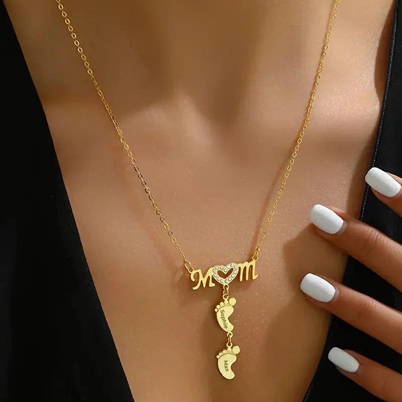 Personalized Rhinestone Mother Necklace with Baby Feet - Mother's Day Gifts