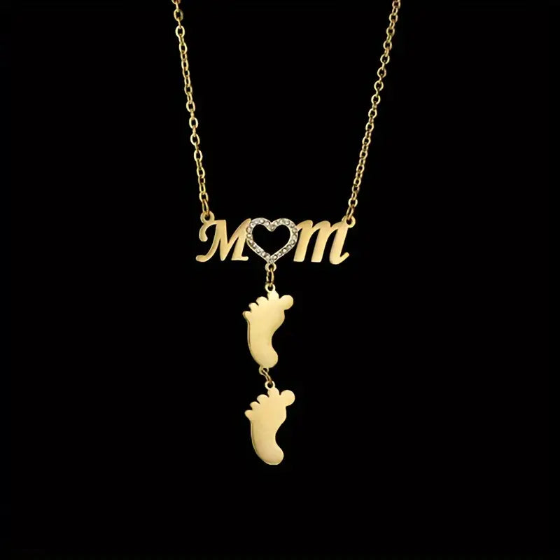 Personalized Rhinestone Mother Necklace with Baby Feet - Mother's Day Gifts