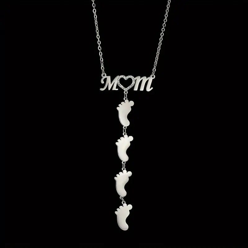 Personalized Rhinestone Mother Necklace with Baby Feet - Mother's Day Gifts