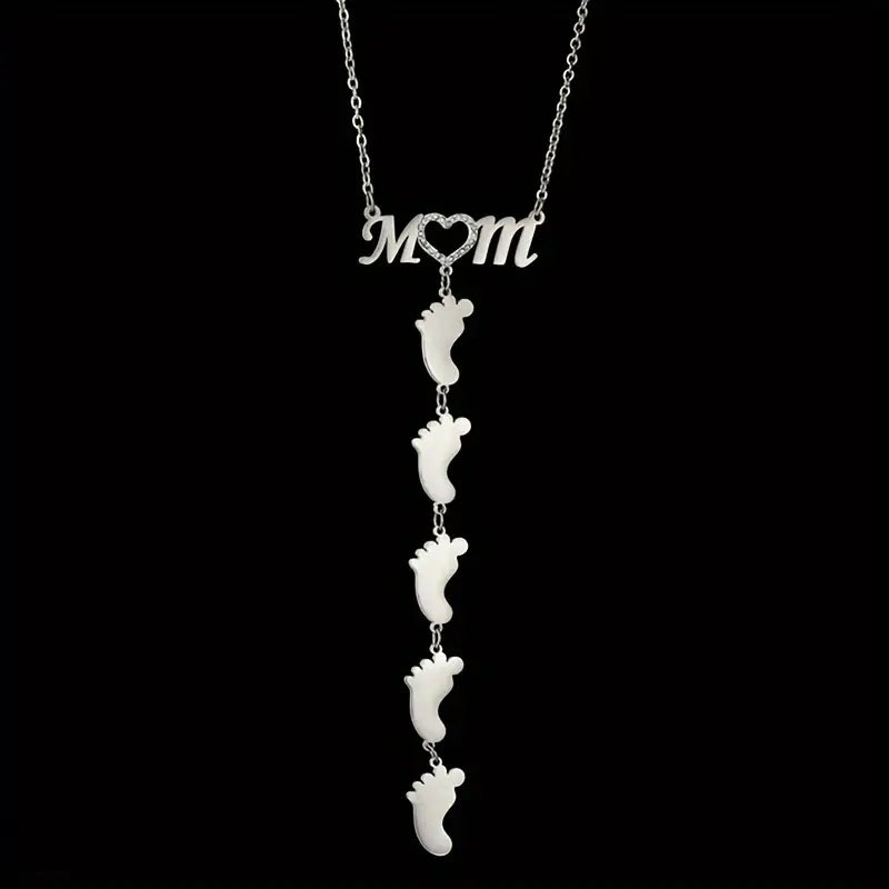 Personalized Rhinestone Mother Necklace with Baby Feet - Mother's Day Gifts