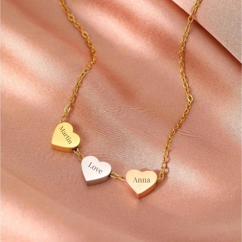 Personalized Triple Heart Pendant Necklace with Names - Jewelry for Couples