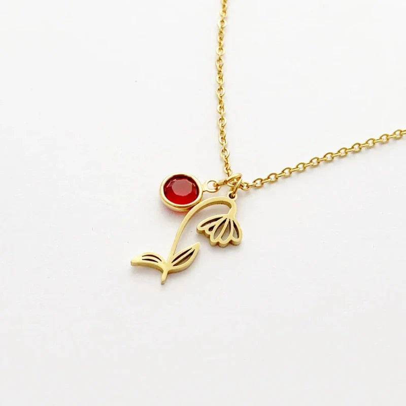Personalized Birthstone Necklace with Birth Flower - Gifts for Her