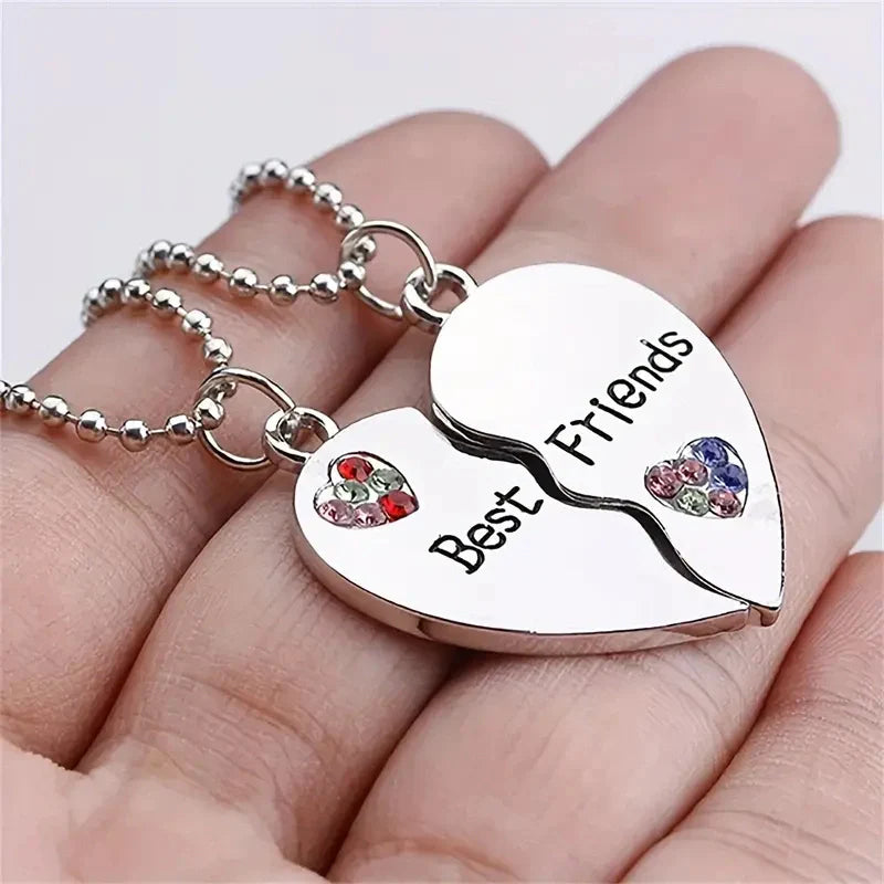 Best Friends Heart Pendant Necklace Set with Rhinestones - Gifts for Friends