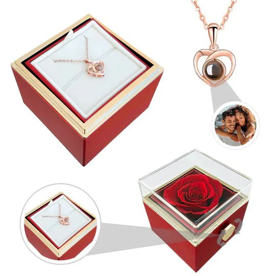 Eternal Rose Box - With Photo Projection Heart Necklace and Real Rose