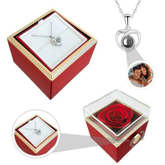 Eternal Rose Box - With Photo Projection Heart Necklace and Real Rose